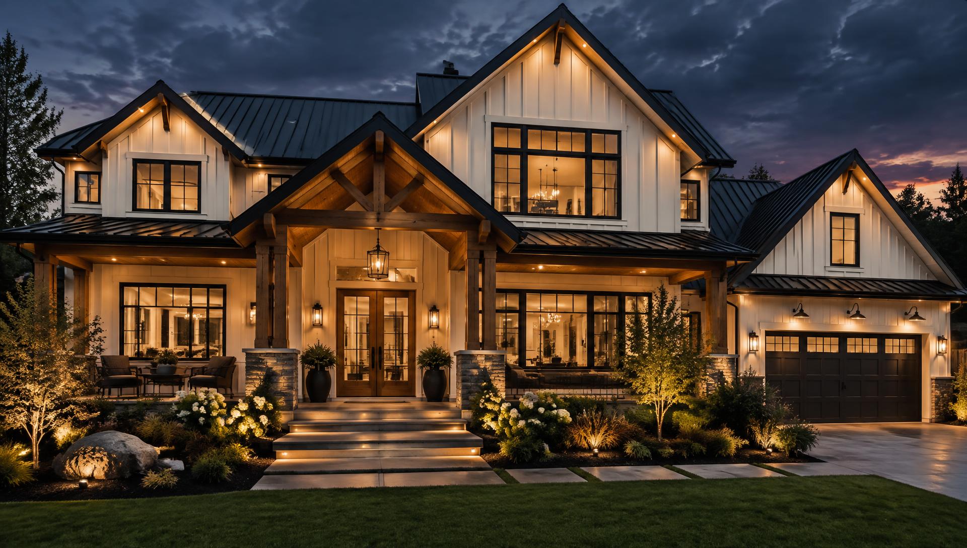 Modern luxury residence at twilight with layered architectural lighting